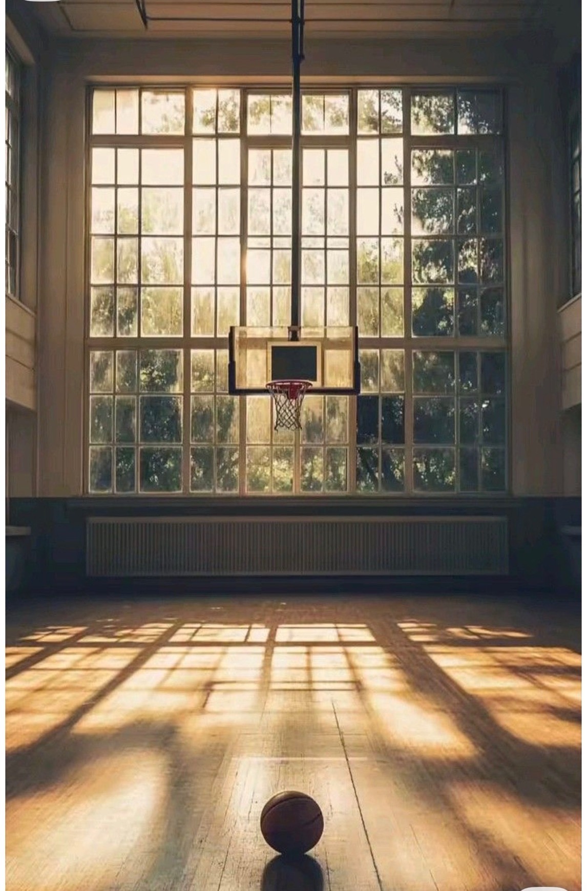 Warm empty gym, golden afternoon light, basketball at center court